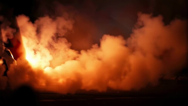 Realistic fire background with bonfire fog concept. Bright orange smoke explosion on dark road at night with glowing fire and thick clouds