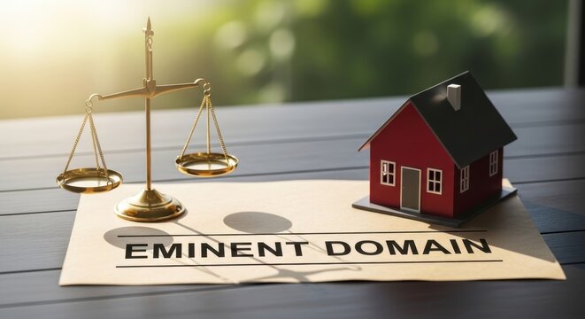 Eminent Domain Concept With Scales of Justice and Model House Representing Property Law