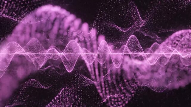 Abstract purple digital wave pattern with glowing particles moving across