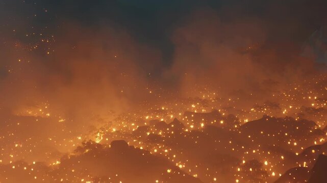 Realistic fire background with bonfire fog concept. Aerial view of a raging wildfire with glowing embers and thick smoke covering a forest landscape at night