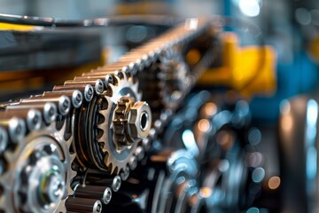 Fototapeta premium Chain drive system rotating with gears in industrial machinery, showcasing power transmission
