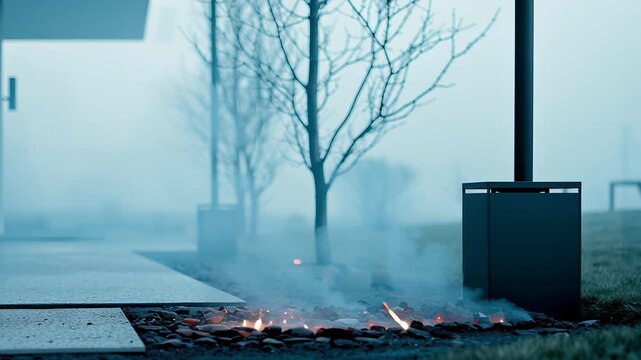 Realistic fire background with bonfire fog concept. Outdoor modern fire pit with glowing embers and smoke in a minimalistic garden setting on a foggy day