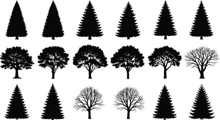 Black silhouette illustration of diverse trees, coniferous evergreens, deciduous broadleaf, bare branches, forest landscape, botanical design, seasonal nature diversity © Shahariay
