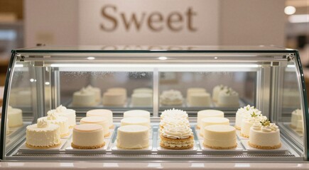Individual small cakes displayed in glass refrigerated dessert case