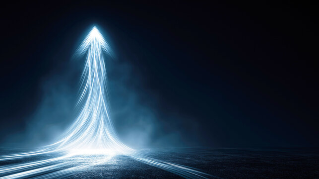 Futuristic glowing blue light trails forming an arrow pointing upward, concept of rapid business growth and success, digital technology motion, high-speed data transfer background