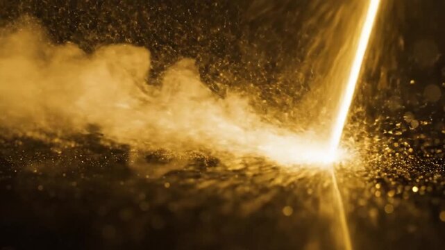 Close-up shot of a bright yellow light with sparks and smoke against a dark background with a warm and energetic mood.