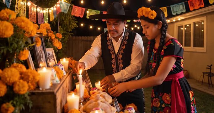 Father and daughter lighting candles on a Day of the Dead altar adorned with marigolds and papel picado in a festive outdoor setting.