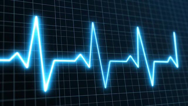 Bright blue glowing heartbeat line pulses across a dark grid background