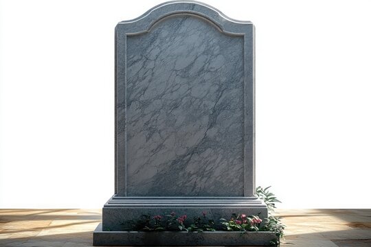 marble gravestone with blank face on tiered stone base and small pink flowers at its foot, soft sunlight and shadow, solemn and peaceful memorial scene