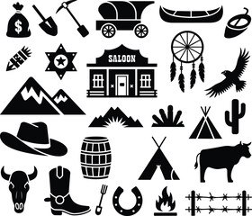 Black silhouette illustration of Wild West icons including cowboy hat, saloon, cactus, animals, weapons, and cultural frontier symbols © Mohammad