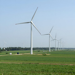 Fototapeta premium Broad landscape panorama of tall wind turbines over grassy terrain, ample negative space for copy, Ninh Thuan, Vietnam