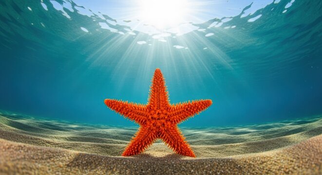 A vibrant orange starfish sits on the sandy ocean floor under water