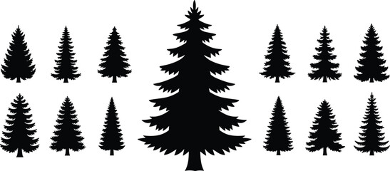 Fototapeta premium Christmas Pine Tree Silhouette Collection with Evergreen Fir Spruce Forest Shapes Black Nature Vector Illustration Set