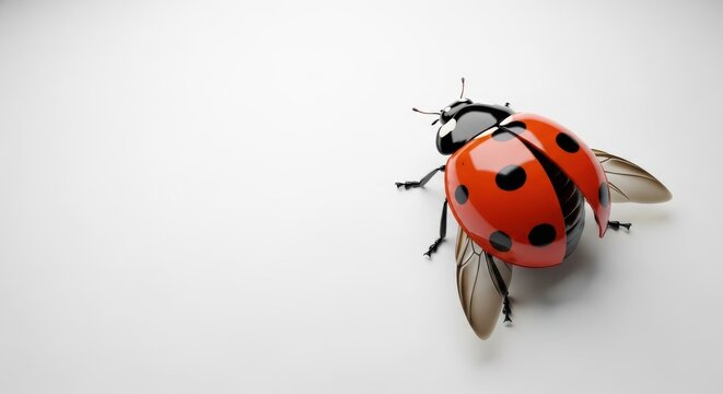A vibrant red ladybug with black spots on a white surface