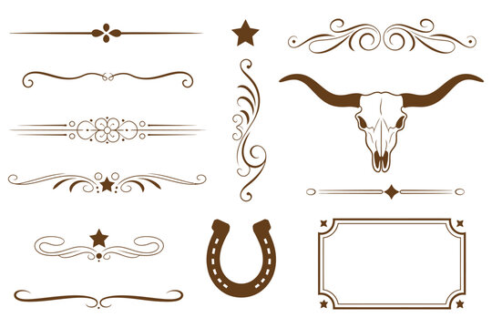 Vintage Western ornamental dividers borders flourishes longhorn skull and horseshoe set vector illustration for rustic wedding invitations and ranch branding design elements isolated on white.