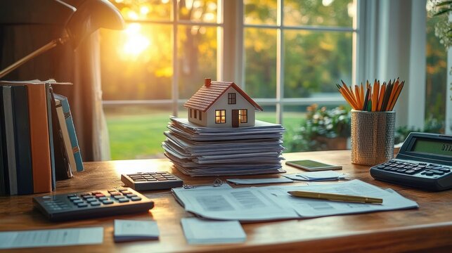 small model house on a stack of documents on a wooden desk with calculators, pencils and warm sunset light through a window, evoking calm focused home planning