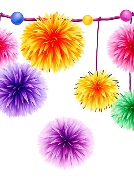 Funny colorful garland with decorative holiday pom poms. Purple, orange, yellow, pink and green hairy balls pompons. Hand drawn watercolor illustration isolated on transparent.