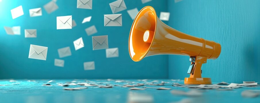 Orange megaphone on teal floor sending a flurry of flying envelopes and scattered letters, conveying an urgent, energetic announcement and burst of communication