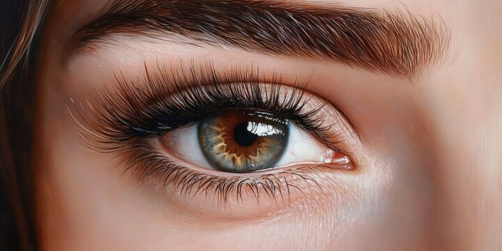 close-up of a hazel eye with long dark eyelashes, thick eyebrow and detailed skin texture, a reflective catchlight conveying calm curiosity