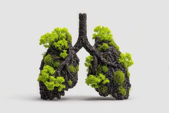 Lungs entwined with lush greenery, symbolic of nature and health