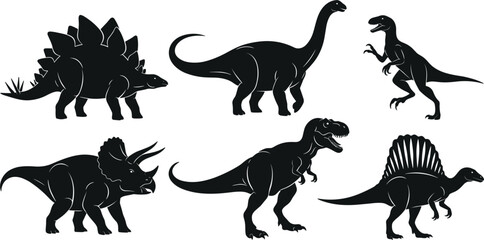 Black Dinosaur Silhouette Icon Set Including Tyrannosaurus Rex Triceratops and Brachiosaurus for Educational Prehistoric World Graphics Museum Exhibits and Childrens Design Projects © MD
