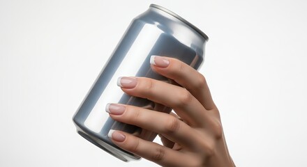 Hand holding a blank silver aluminum can against a white background, ready for custom branding or design.
