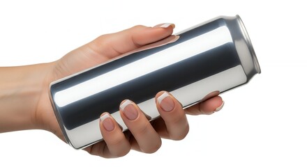 Hand holding a blank silver aluminum can horizontally against a white background.