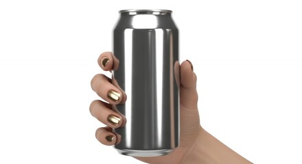 Hand holding a blank silver aluminum can on a white background, ready for branding or product display.