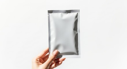 Hand holding a blank silver foil sachet on a white background, perfect for product mockups and branding.