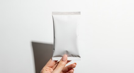 Hand holding a blank silver foil pouch against a white background, ready for product branding and packaging design.