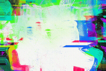 Fototapeta premium Glitch art - vibrant neon green, pink, blue colors with distorted patterns. CMYK half tone dots, retro print Y2K style, fluorescent creative banner, digital art, summer visuals, psychedelic vibes.