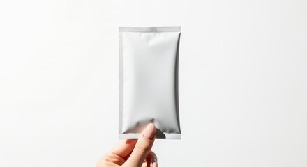 Hand holding a blank silver foil sachet on a white background, perfect for product mockups and branding.