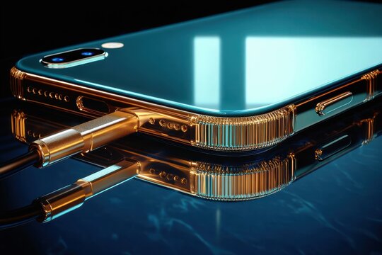teal glass smartphone with gold metallic frame and dual camera, two audio plugs connected, reflected on glossy surface &mdash; sleek luxurious modern mood