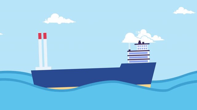 Seamless loop animation of a container ship sailing on the sea with clear sky and white clouds. Animated cargo container ship cruising on ocean waves