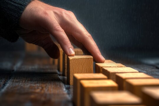 cautious hand arranging wooden blocks in a row on a wet wooden table under rain, focused and deliberate atmosphere