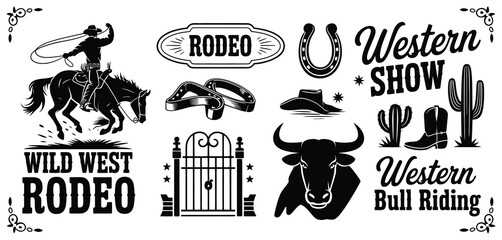 Vintage Wild West rodeo graphics set featuring western show icons with lasso cowboy silhouette and rustic design pack for retro event posters and flat vector.