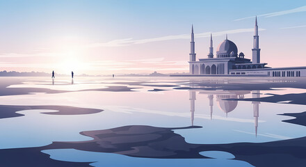 Fototapeta premium A serene sunrise over a grand mosque with multiple domes and minarets, perfectly reflected in calm waters, creating a peaceful and spiritual landscape.