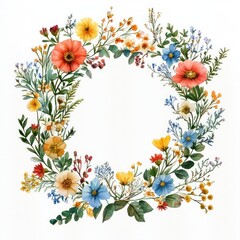 Fototapeta premium delicate watercolor floral wreath frame of red, yellow, and blue wildflowers with green foliage forming a square border, fresh and cheerful