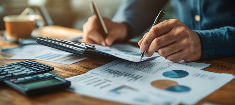 close-up of hands analyzing financial documents and charts with pen and clipboard, calculator and coffee cup on wooden desk conveying focused concentration