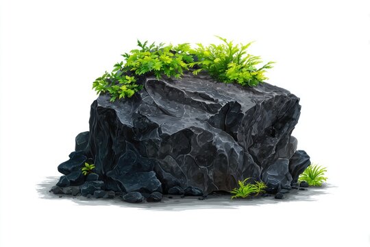 Dark, textured rock with greenery