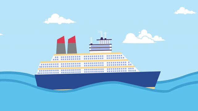 Seamless loop animation of a cruise ship sailing on the sea with clear sky and white clouds. Animated cruise liner cruising on ocean waves