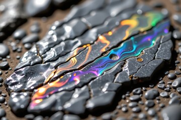 Fototapeta premium Cracked black surface with iridescent rainbow oil slick and water droplets, creating a vibrant, abstract pattern with reflective textures.
