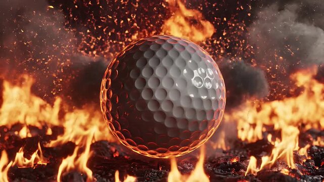 A digital artwork showcasing a golf ball with a high-resolution texture set against a backdrop of intense flames and embers. The focus is sharply on the golf ball, highlighting its form and detail.