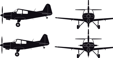 Small propeller airplane silhouette set with side and front views, black vector illustration isolated on white background for aviation, transport and aircraft design © MstFerdousi
