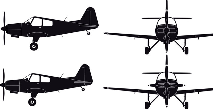 Small propeller airplane silhouette set with side and front views, black vector illustration isolated on white background for aviation, transport and aircraft design