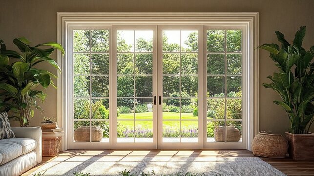 sunlit living room with paneled sliding glass doors opening onto lush green garden, potted plants and wicker baskets beside a cozy sofa and soft rug, calm inviting atmosphere