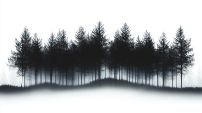 silhouetted pine forest on a low misty hill, calm and mysterious monochrome landscape
