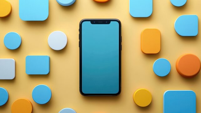 minimal flat lay smartphone with blank blue screen surrounded by blue, orange, and white rounded geometric shapes on warm yellow background, playful modern mood