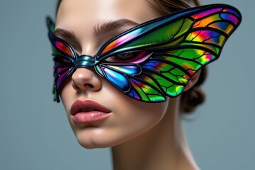 Naklejka premium A close-up portrait of a woman wearing vibrant, colorful butterfly-shaped glasses with a smooth skin background and a modern artistic style.
