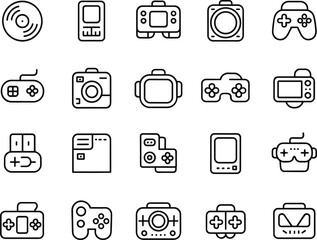 Gaming device icons, retro console illustrations, handheld controller symbols, virtual reality headsets, tech entertainment line art, gamepad vector set © Biplob Creatives